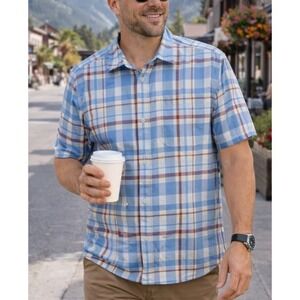 Patagonia Mens Organic Cotton Fezzman Plaid Shirt Sz XL Blue Travel Lightweight